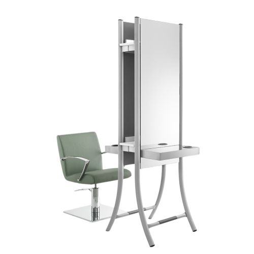 Entdecke den doppelten Friseurplatz Isabel SU Hairdresser Unit mit einer eleganten Struktur aus Aluminium und wählbaren Arbeitsflächen. Perfekt, um den Platz in deinem Studio effizient zu nutzen.